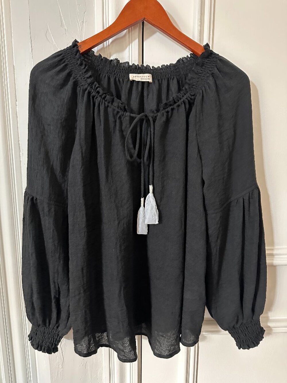 Lovestitch Women's Black Peasant Blouse Small Tassel Tie Cottagecore Top - Picture 4 of 6